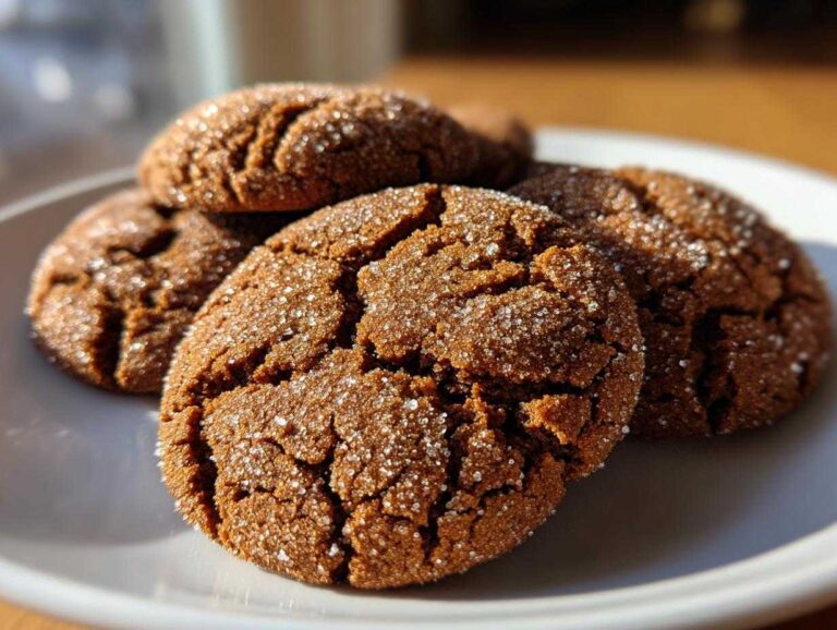 A close-up of several chewy molasses cookies, coated in sparkling sugar, piled on a white plate.