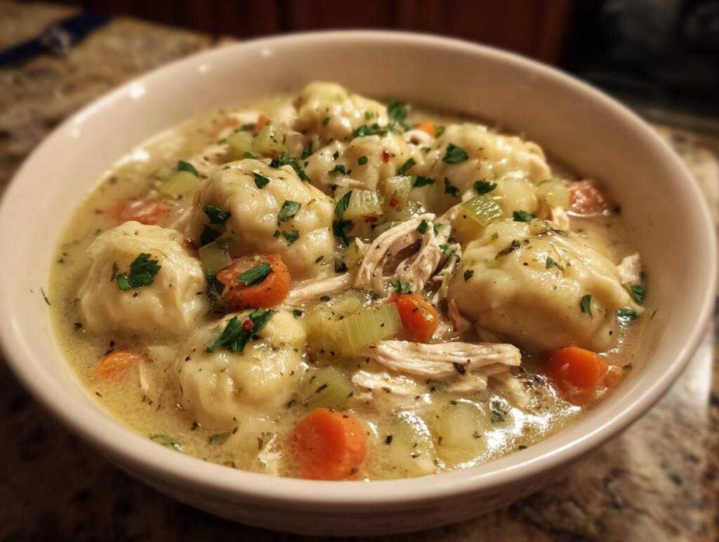 A close-up of a comforting bowl of chicken and dumplings, with fluffy dumplings, shredded chicken, carrots, and celery in a creamy broth.