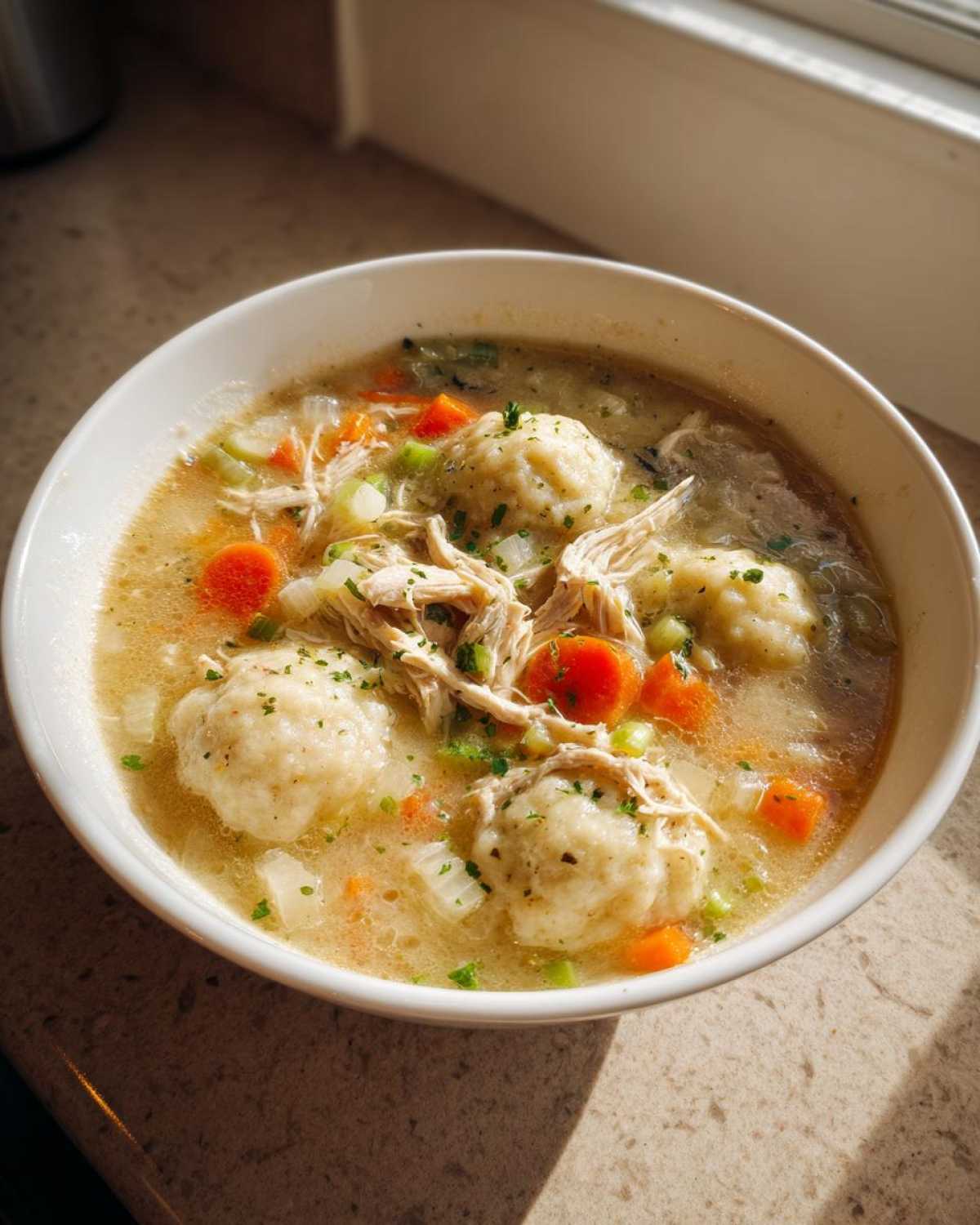 A close-up of a white bowl filled with comforting chicken and dumpling soup, featuring shredded chicken, carrots, celery, and fluffy dumplings.