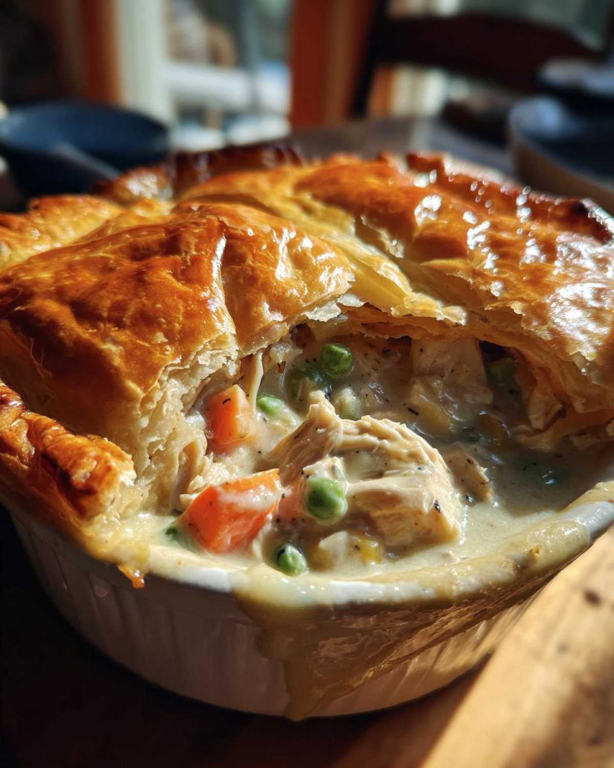 Close-up of a golden-brown crust on a chicken pot pie casserole, revealing creamy chicken and vegetables inside.