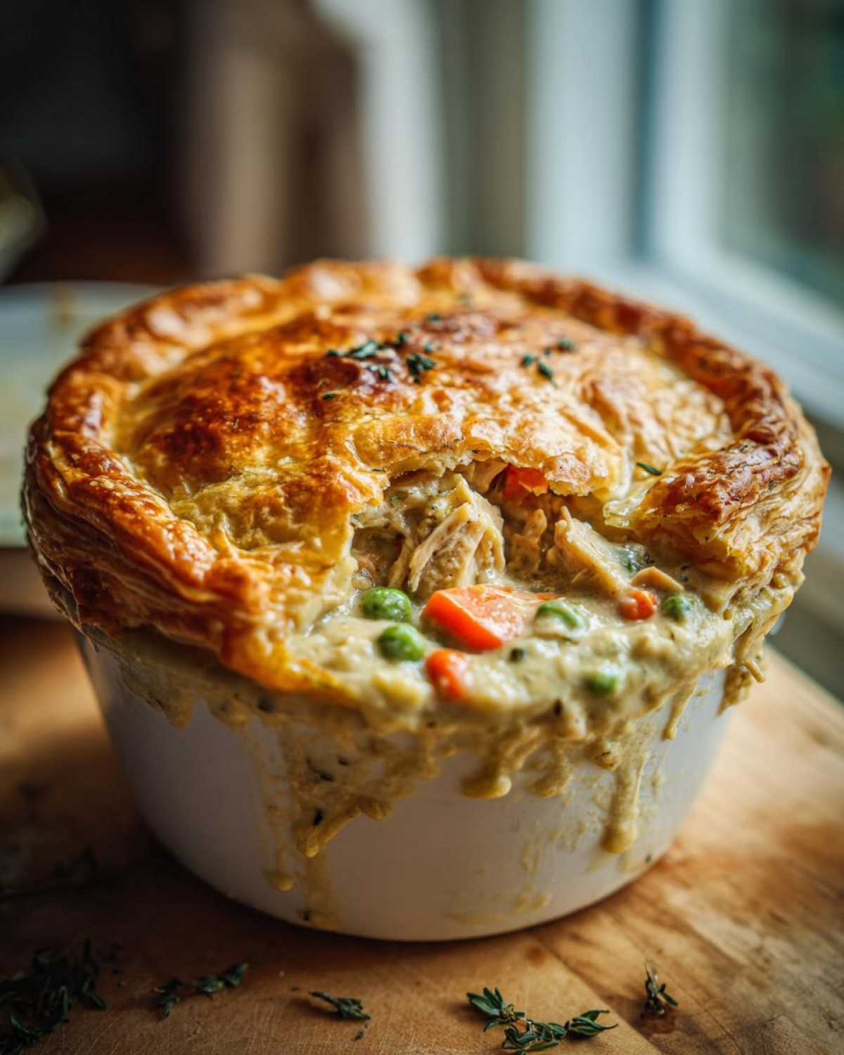A close-up of a golden-brown chicken pot pie casserole with a flaky crust, filled with chicken, peas, and carrots.