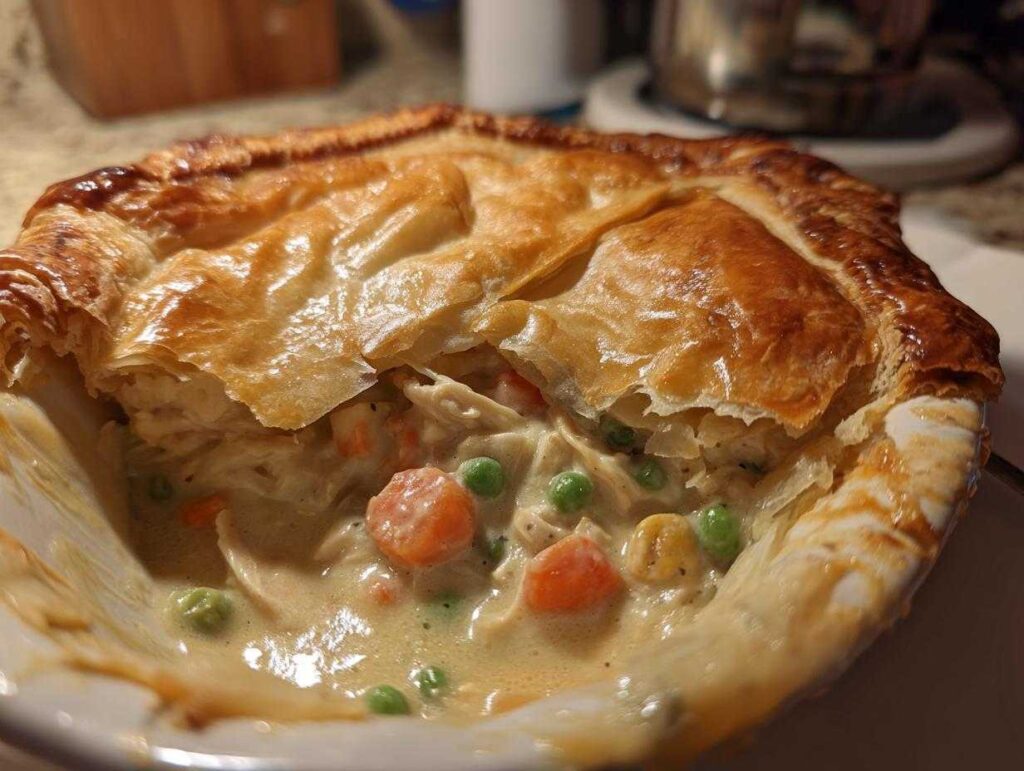 A close-up of a golden-brown, flaky crust on an irresistible chicken pot pie casserole, revealing creamy chicken and vegetables.