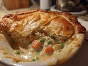 A close-up of a golden-brown, flaky crust on an irresistible chicken pot pie casserole, revealing creamy chicken and vegetables.