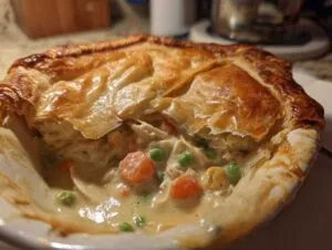 A close-up of a golden-brown, flaky crust on an irresistible chicken pot pie casserole, revealing creamy chicken and vegetables.
