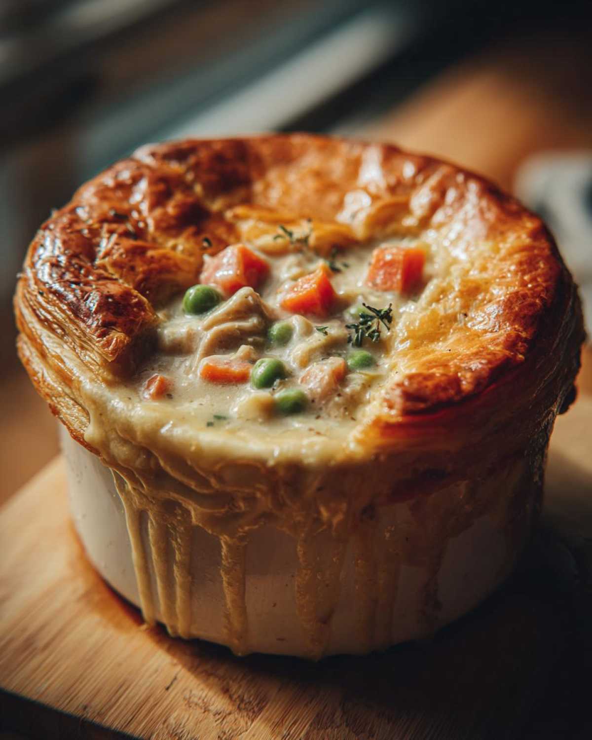 A close-up of a bubbling chicken pot pie casserole in a white ramekin, topped with a golden puff pastry crust and filled with chicken, peas, and carrots.