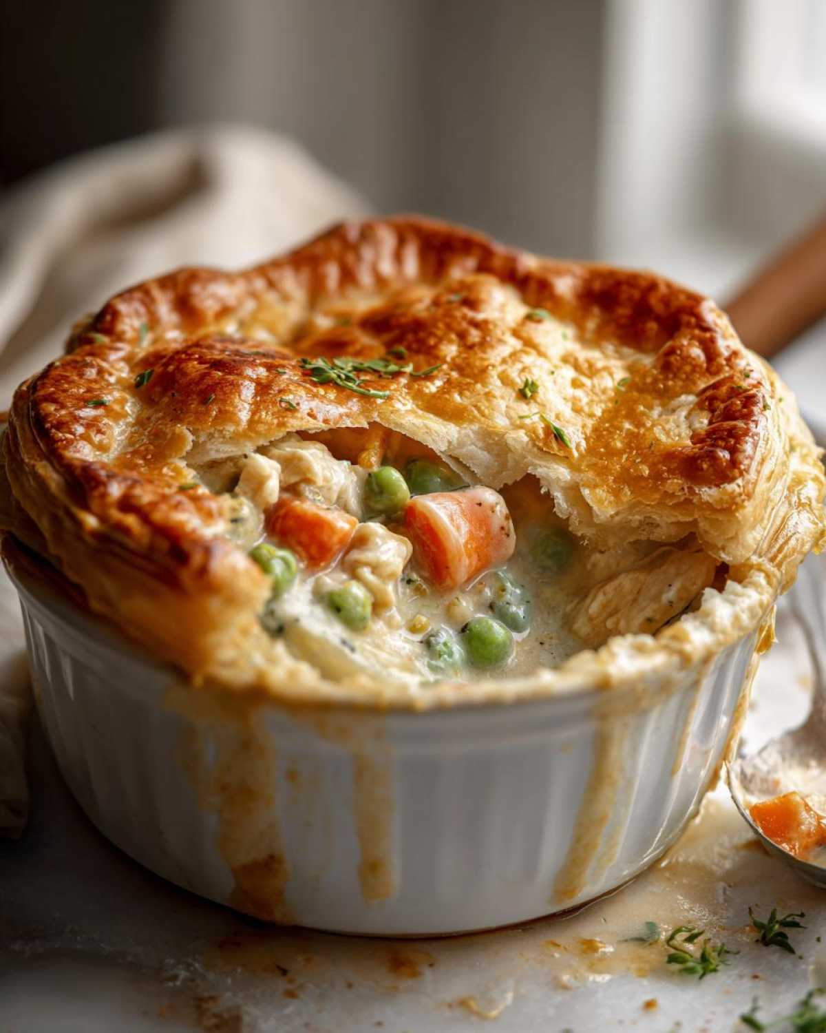 A close-up of a golden-brown chicken pot pie casserole with flaky puff pastry, filled with chicken, peas, and carrots in a creamy sauce.