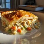 A close-up of a flaky crust chicken pot pie casserole slice with creamy chicken and vegetables.