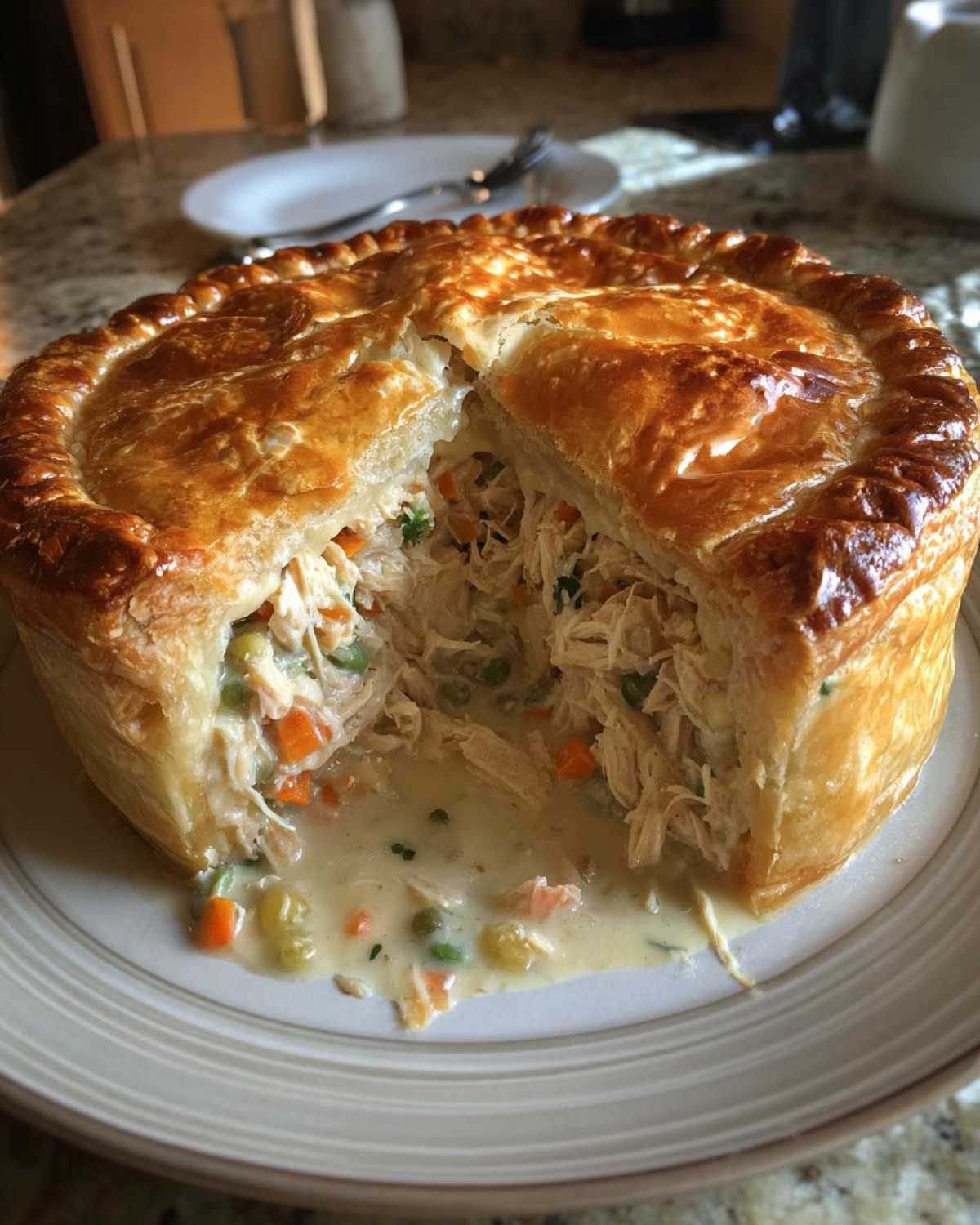 A golden-brown chicken pot pie with a flaky crust, cut open to reveal shredded chicken and vegetables in creamy sauce.