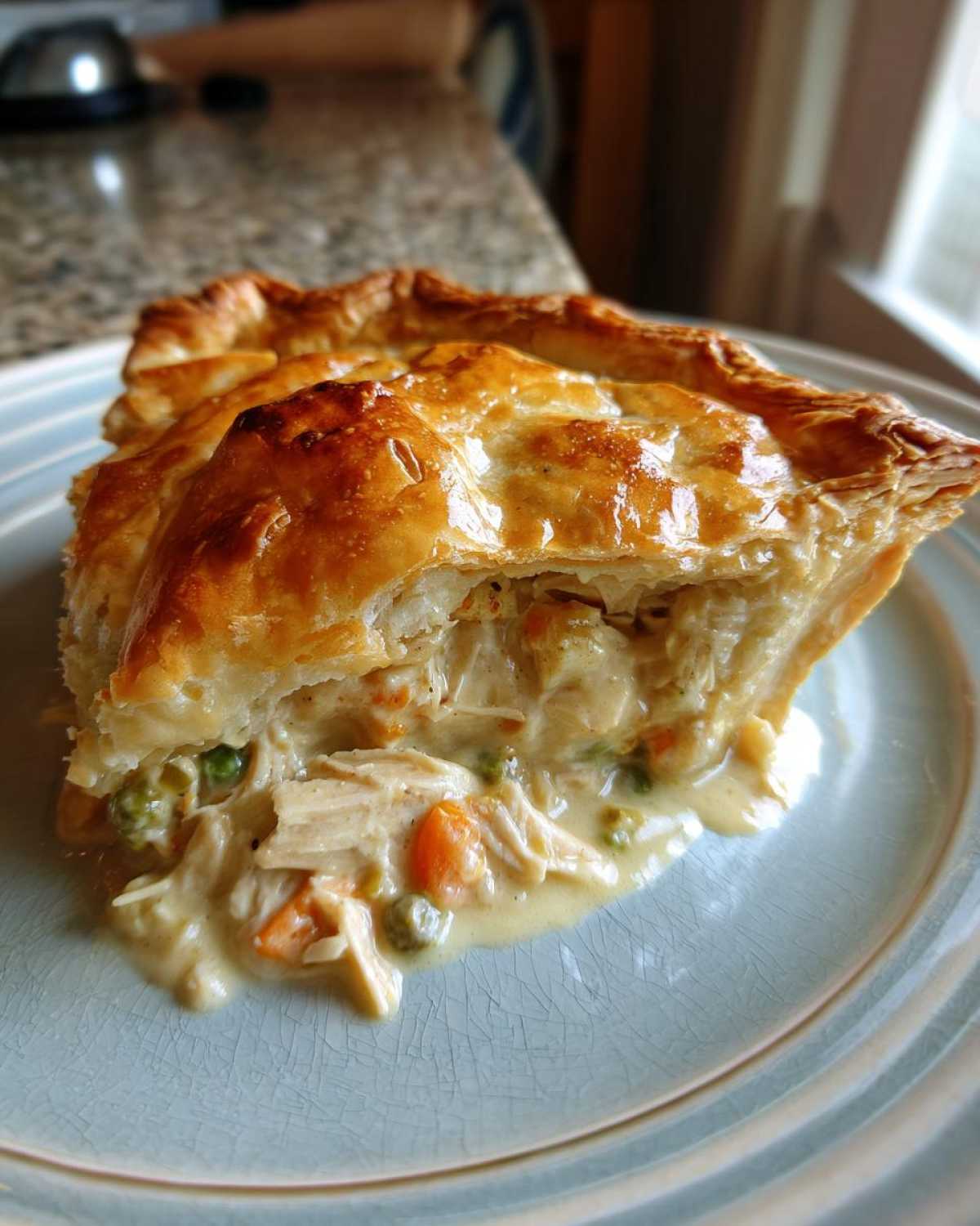 A close-up of a slice of chicken pot pie with a flaky golden crust, filled with chicken, peas, and carrots in a creamy sauce.