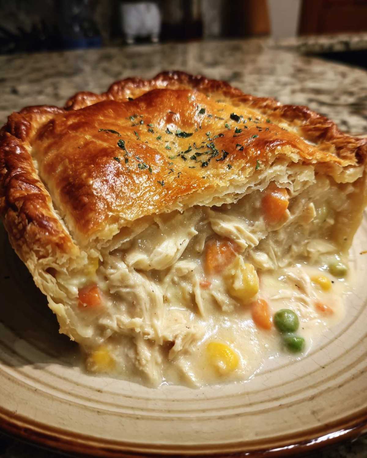 A close-up of a slice of chicken pot pie, showing flaky golden crust, shredded chicken, peas, carrots, and creamy sauce.