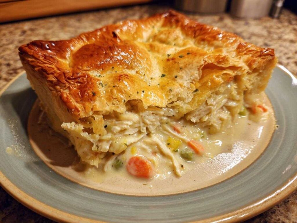 A close-up of a flaky, golden-brown crust chicken pot pie slice on a plate, revealing creamy chicken and vegetables.