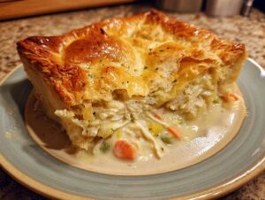 A close-up of a flaky, golden-brown crust chicken pot pie slice on a plate, revealing creamy chicken and vegetables.