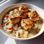 A bowl of creamy chicken pot pie soup topped with golden brown biscuits and sprinkled with parsley.