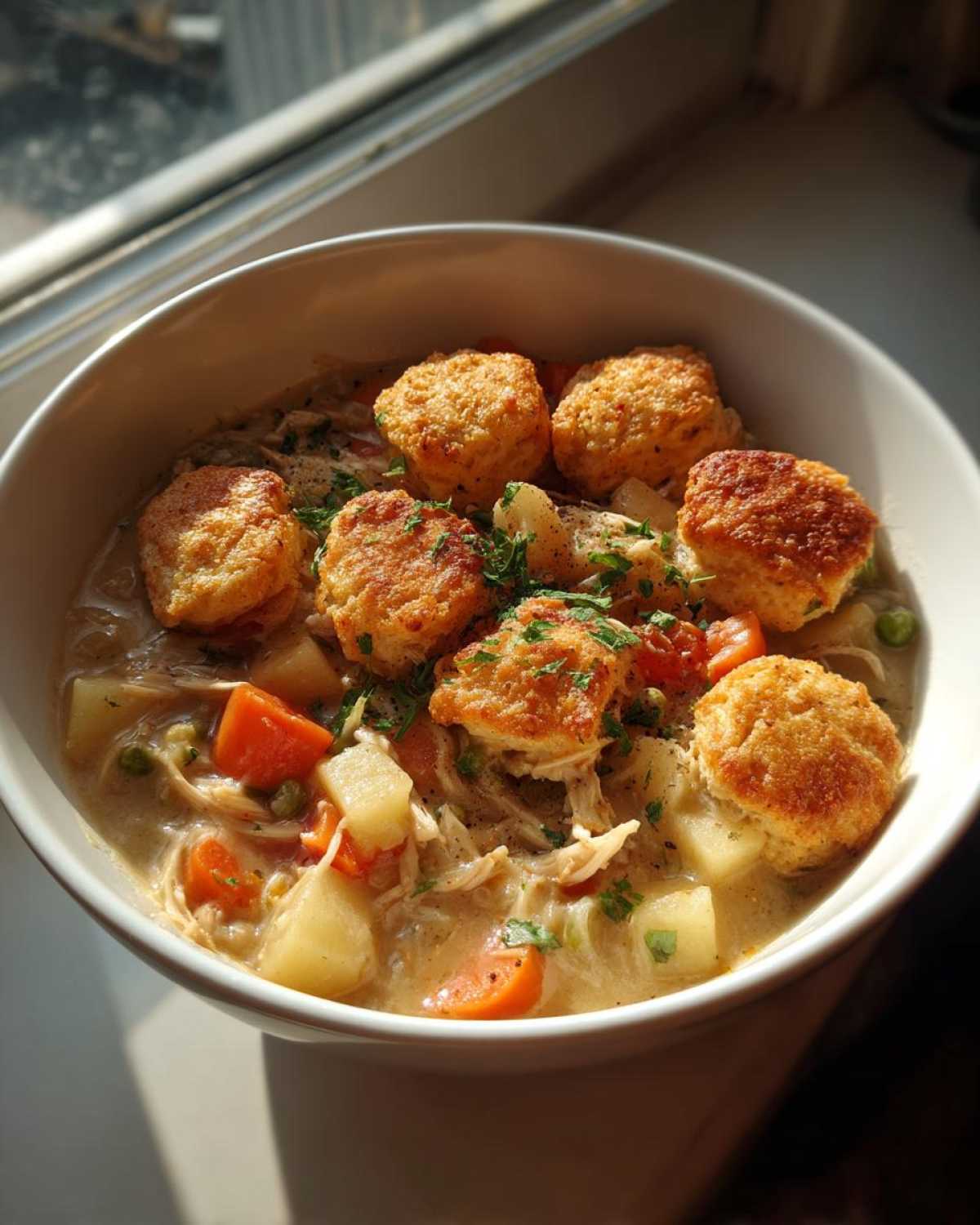 A bowl of creamy chicken pot pie soup topped with golden biscuits and fresh parsley.
