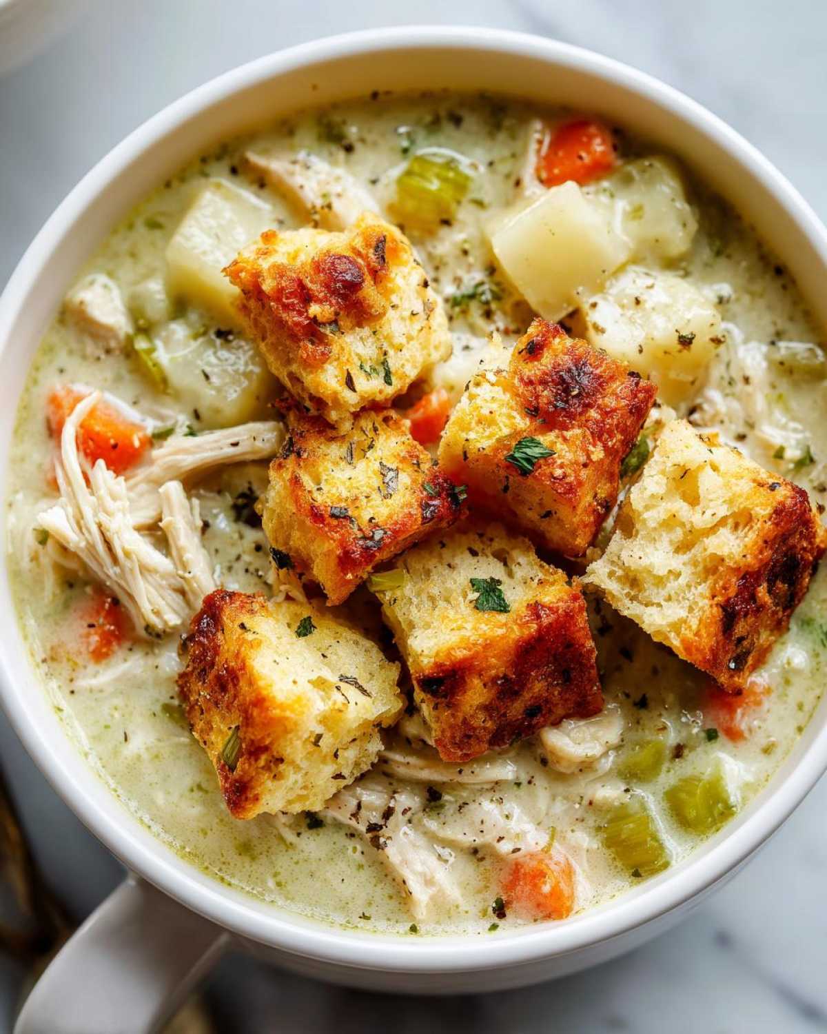 A close-up of a bowl of creamy chicken pot pie soup, topped with golden croutons and fresh herbs.