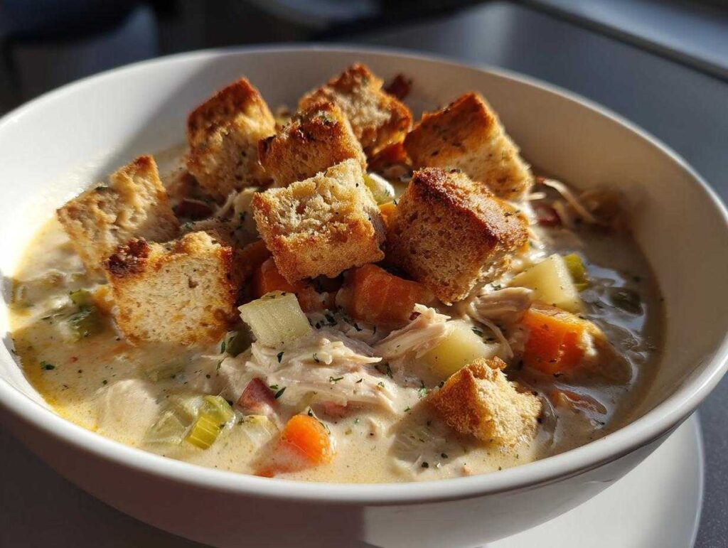 A close-up of a bowl of creamy chicken pot pie soup, topped with golden brown croutons and filled with chicken, carrots, and potatoes.