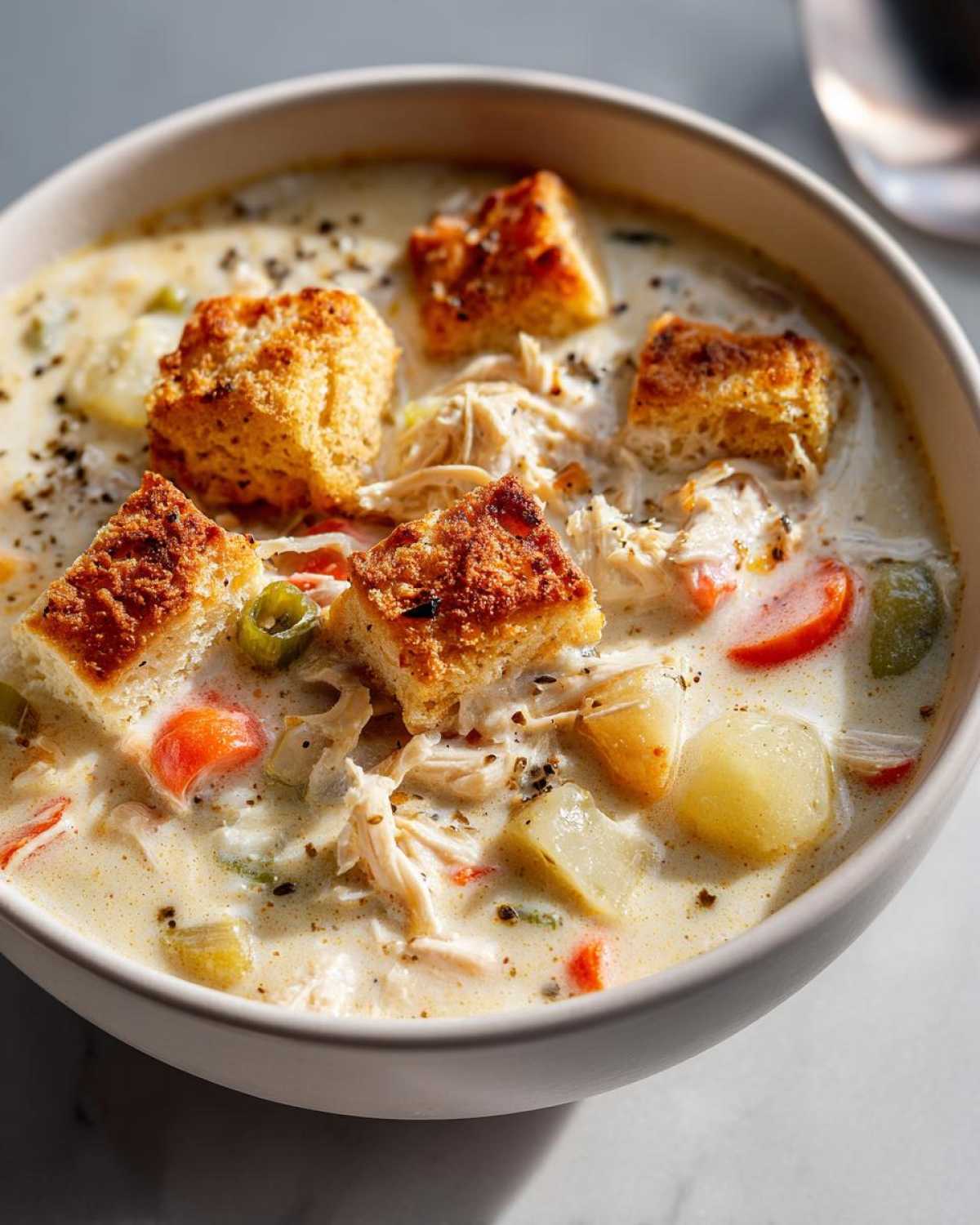 A close-up of a bowl of creamy chicken pot pie soup, topped with golden croutons and garnished with black pepper.