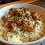 A close-up of tender chicken scampi pieces served over creamy garlic parmesan rice, garnished with fresh parsley.