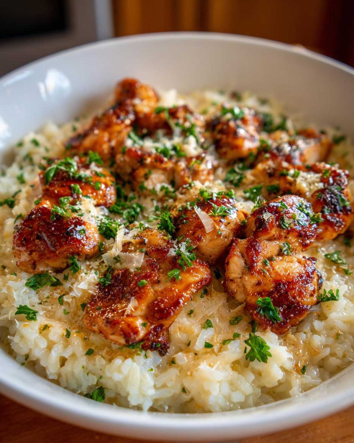 Close-up of tender chicken scampi pieces served over creamy garlic parmesan rice, garnished with fresh parsley.