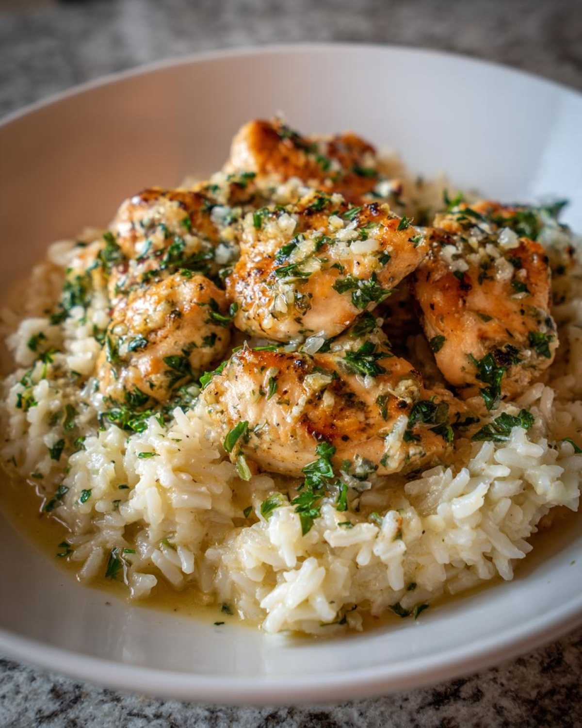 A close-up of tender chicken scampi pieces topped with garlic and parsley, served over fluffy garlic parmesan rice in a white bowl.