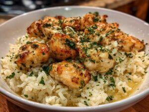Close-up of tender chicken scampi pieces served over fluffy garlic parmesan rice, garnished with fresh parsley.
