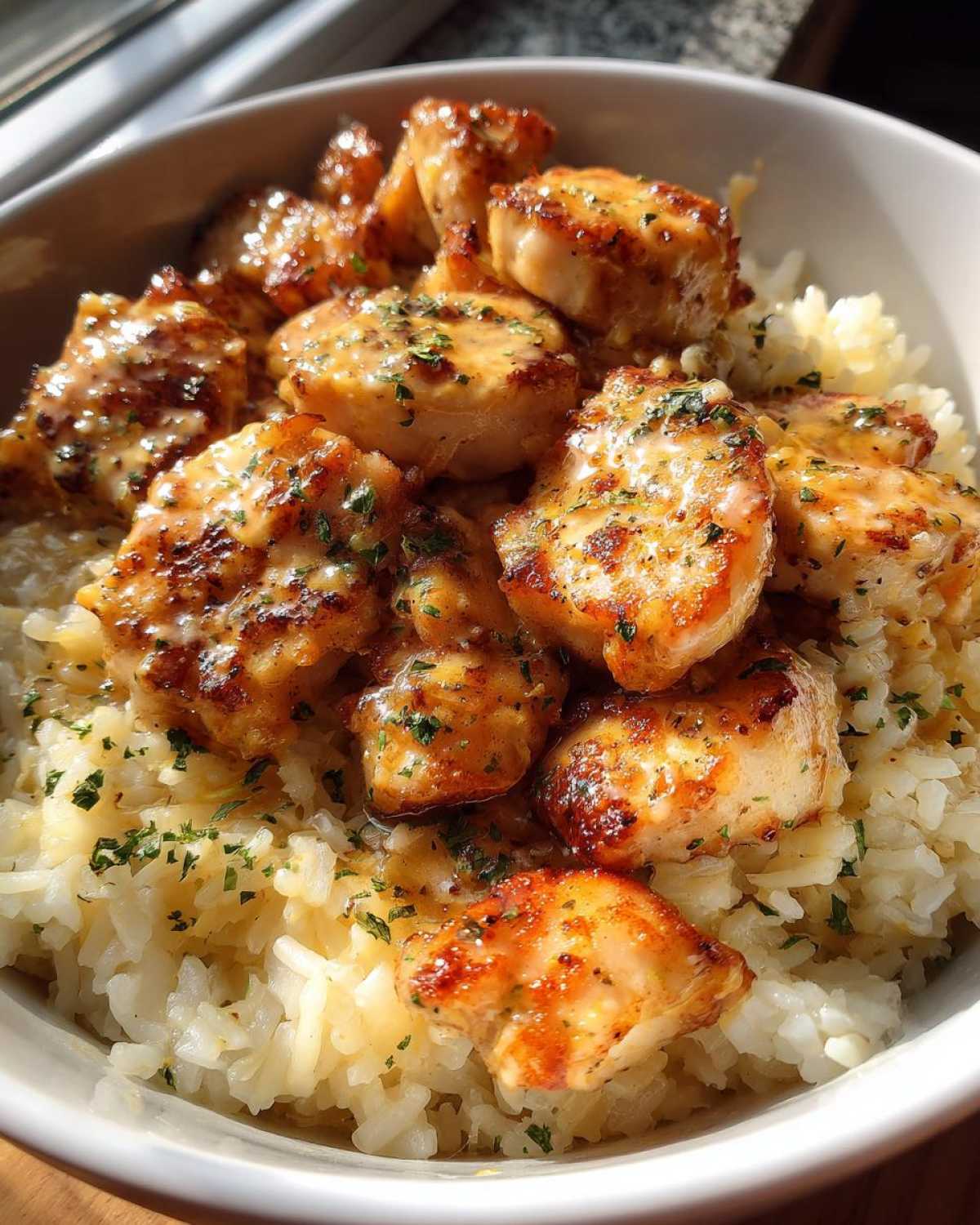 A bowl of chicken scampi with garlic parmesan rice, topped with fresh parsley.