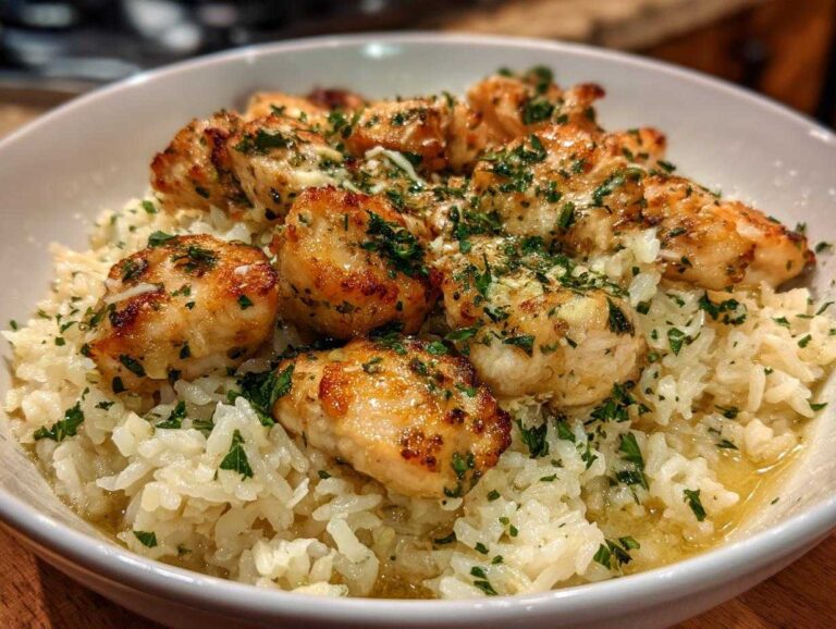 Close-up of tender chicken scampi pieces served over fluffy garlic parmesan rice, garnished with fresh parsley.