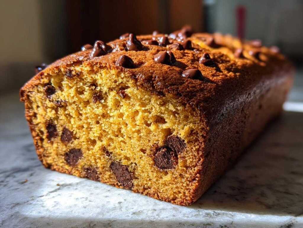 A loaf of freshly baked chocolate chip pumpkin bread, studded with chocolate chips on top and throughout.