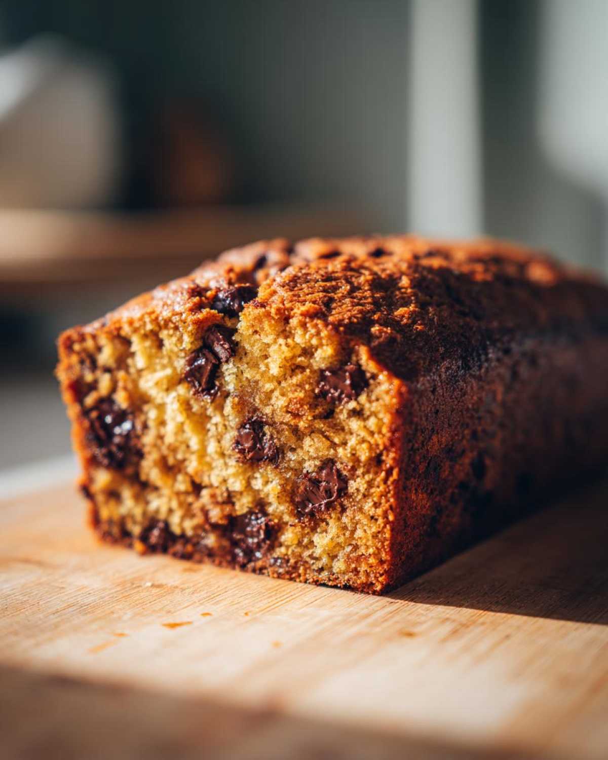 A loaf of chocolate chip pumpkin bread sits on a wooden cutting board, showcasing the moist texture and chocolate chips.
