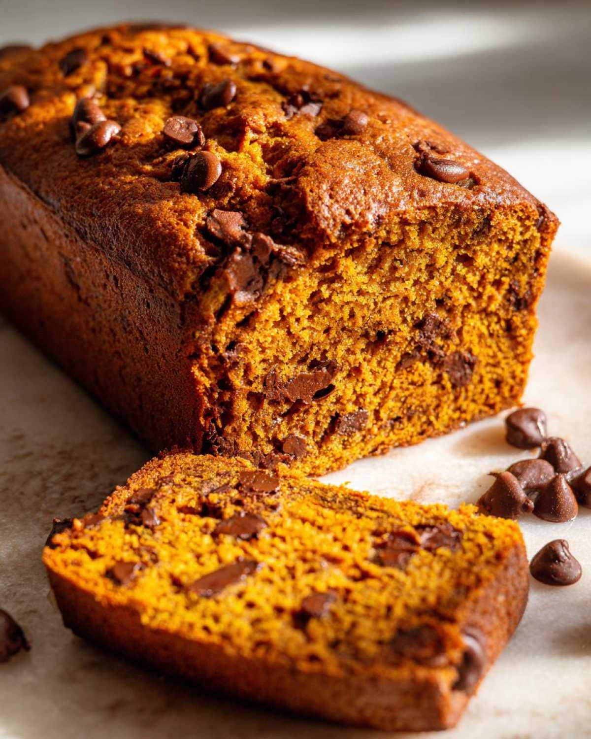 A loaf of chocolate chip pumpkin bread with a slice cut, showing the moist texture and chocolate chips.
