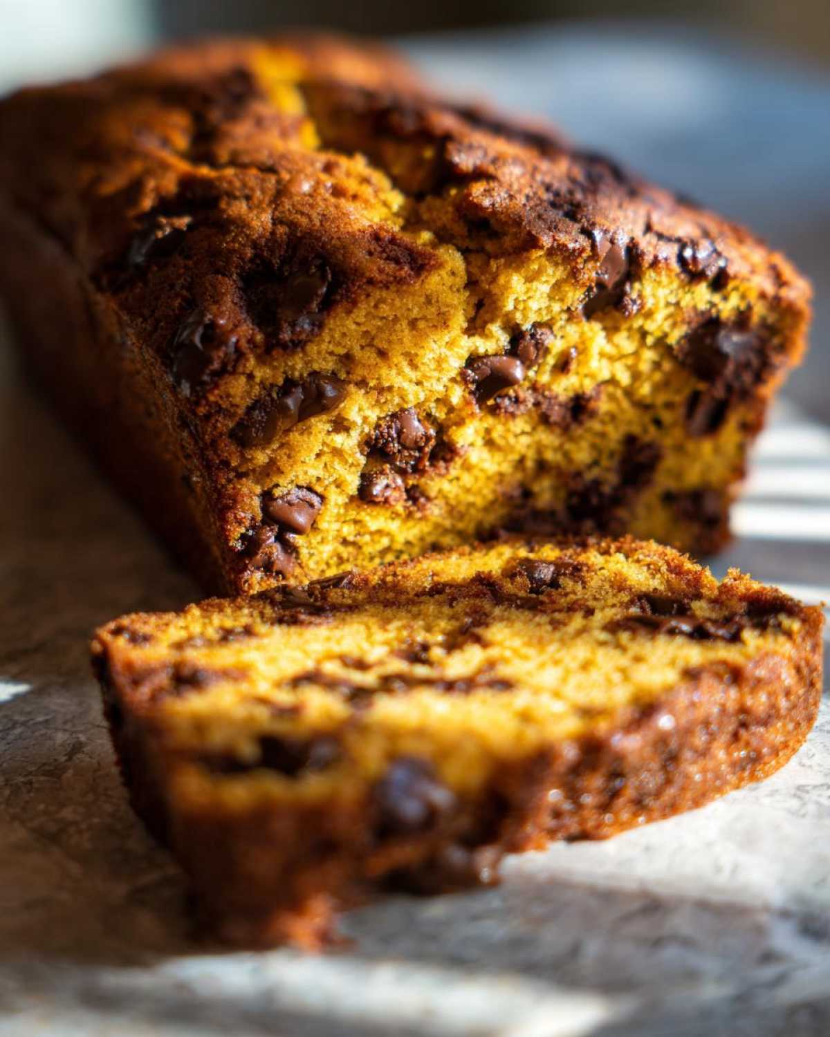 A loaf of chocolate chip pumpkin bread with a slice cut, showing the moist texture and chocolate chips.