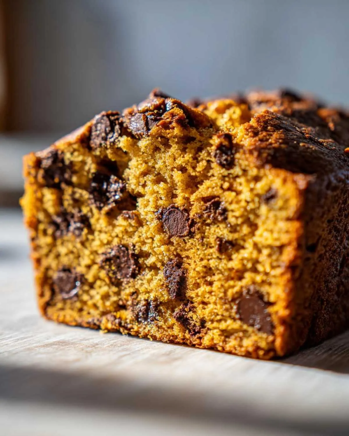 Close-up of a moist slice of chocolate chip pumpkin bread, showing the texture and chocolate chips.