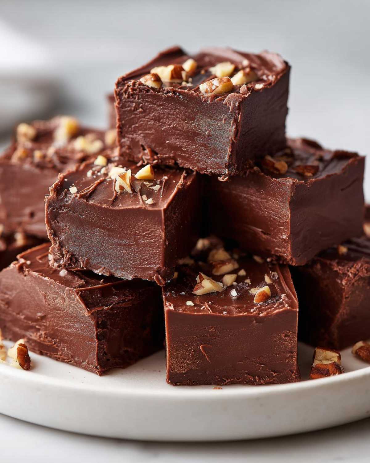 A stack of creamy chocolate fudge squares topped with chopped nuts, showcasing a delicious fudge recipe.