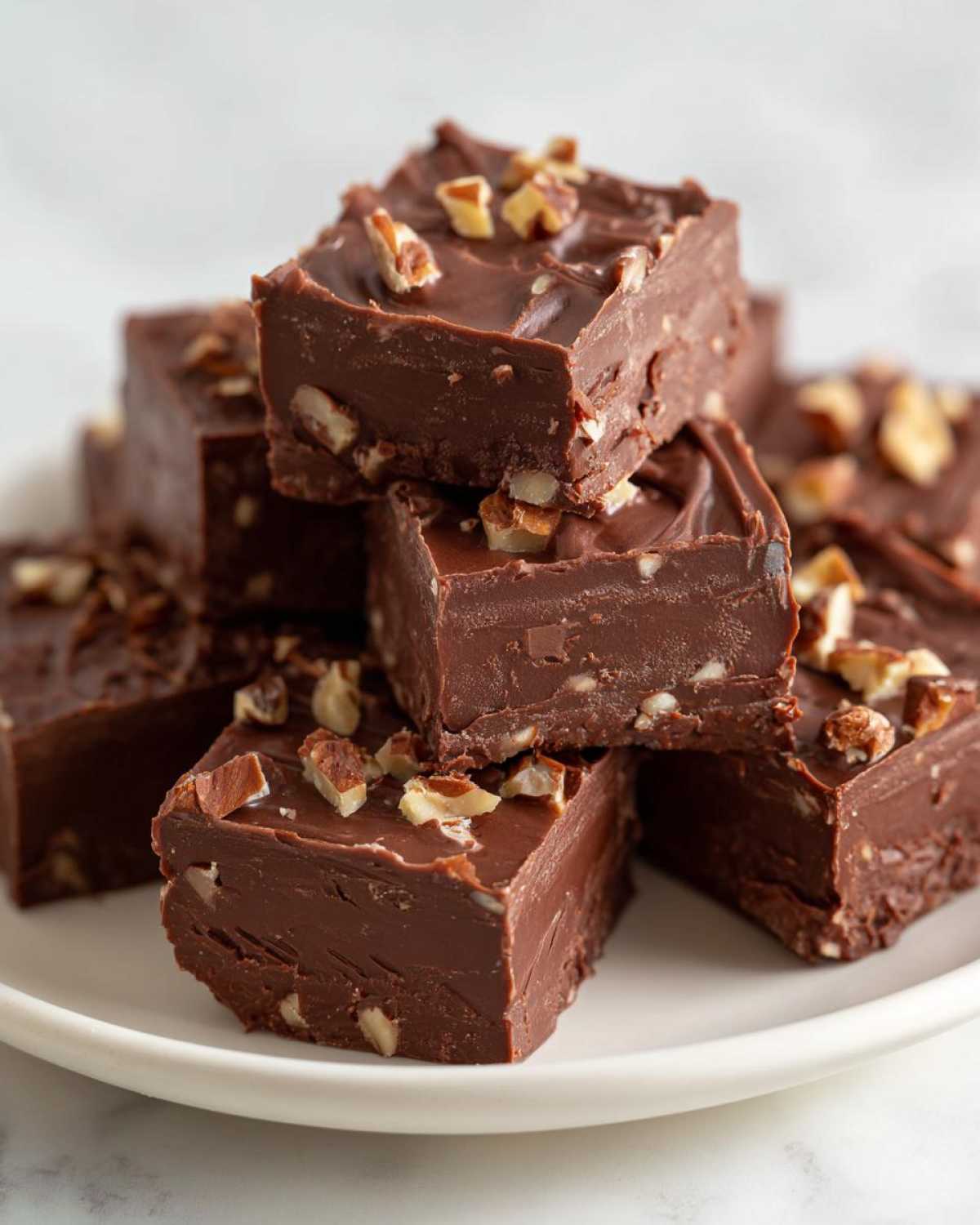 A stack of creamy chocolate fudge recipe squares topped with chopped nuts on a white plate.