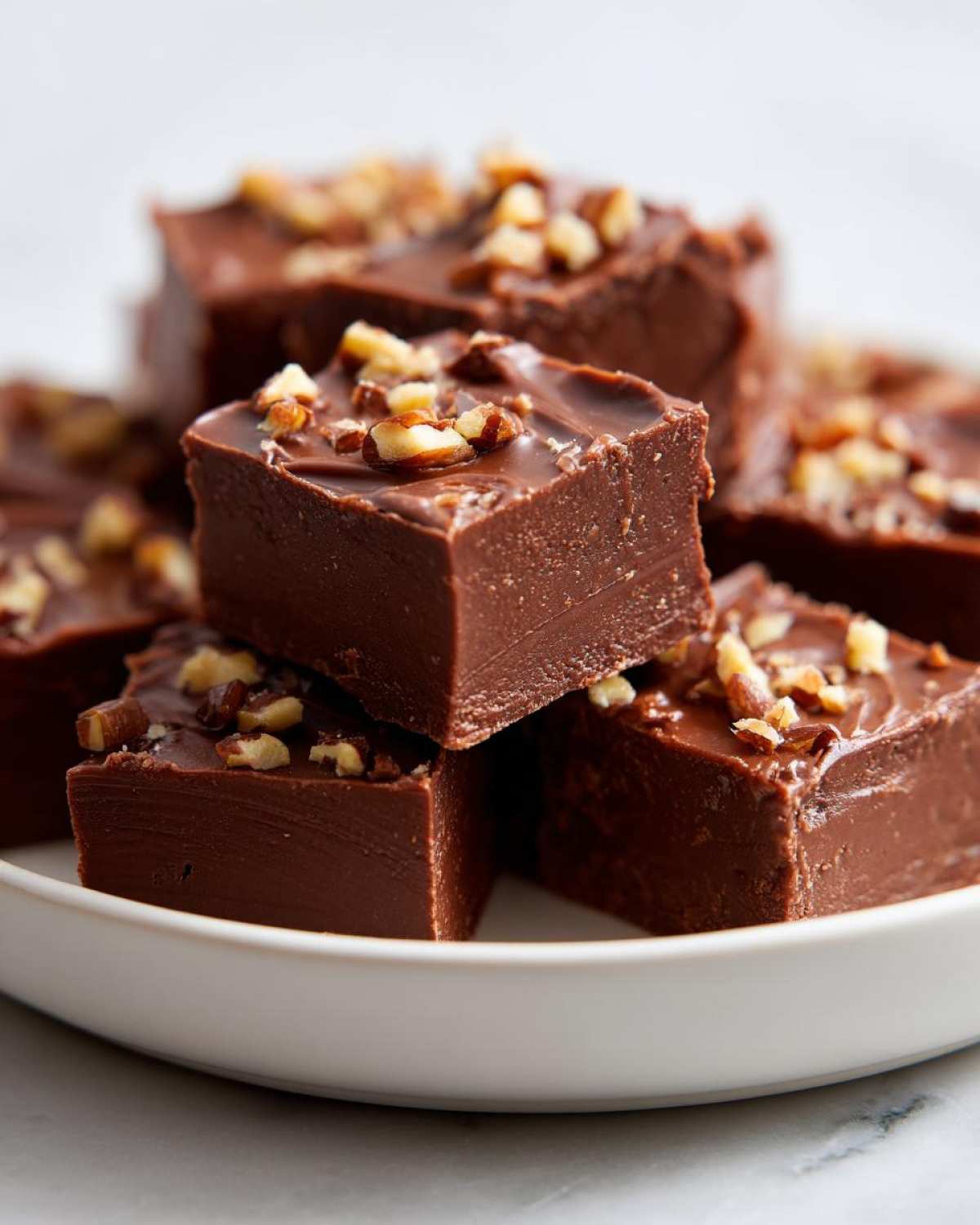 Delicious squares of creamy chocolate fudge recipe topped with chopped nuts, stacked on a white plate.