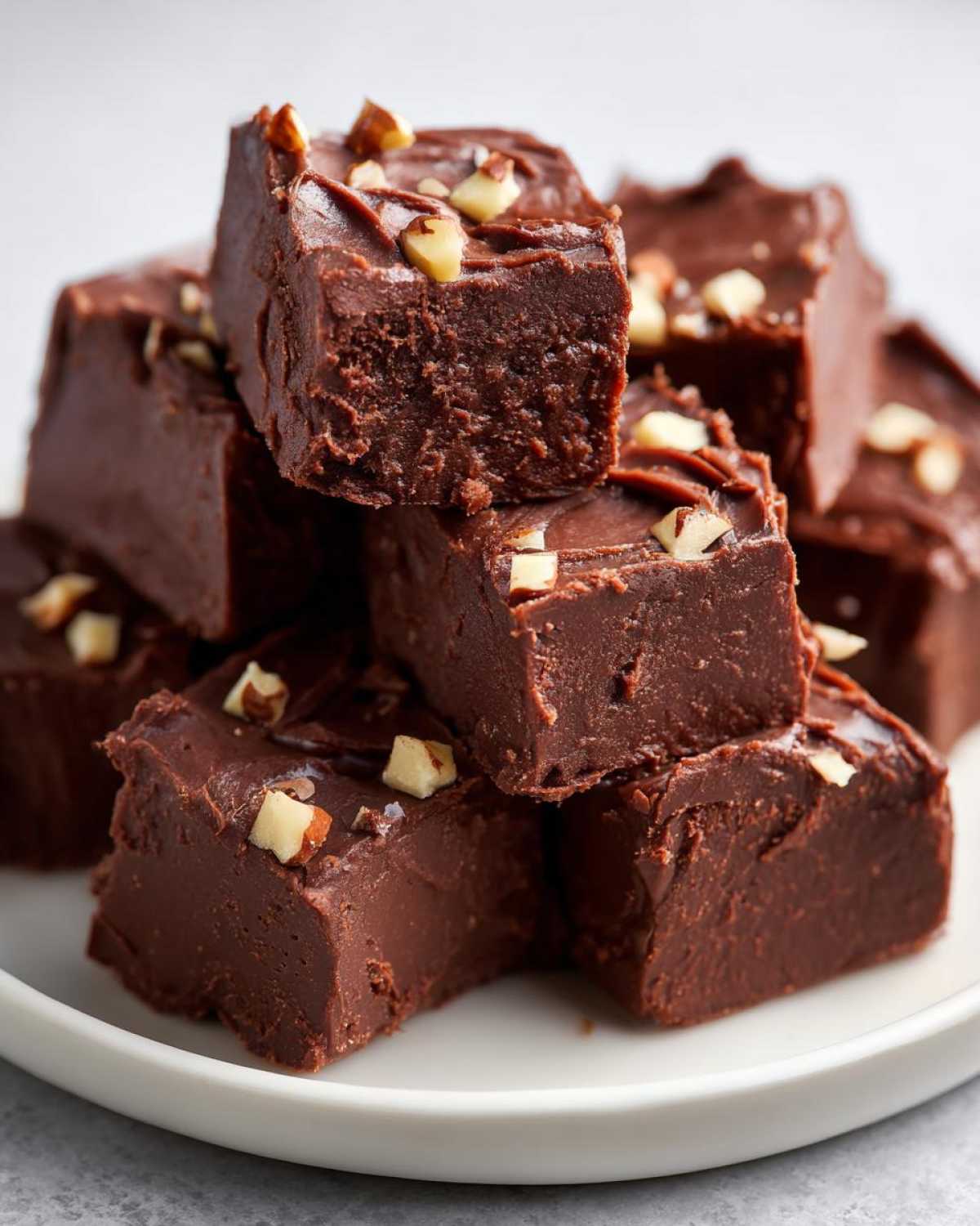 A stack of homemade chocolate fudge recipe squares, topped with chopped nuts on a white plate.