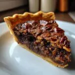 A close-up of a slice of chocolate pecan pie on a white plate, showcasing the flaky crust and rich filling.