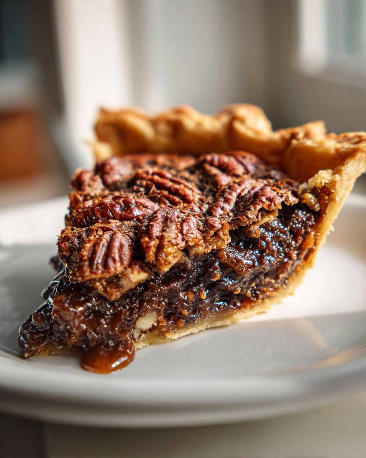 A close-up of a slice of decadent chocolate pecan pie, showcasing the rich filling and toasted pecans.