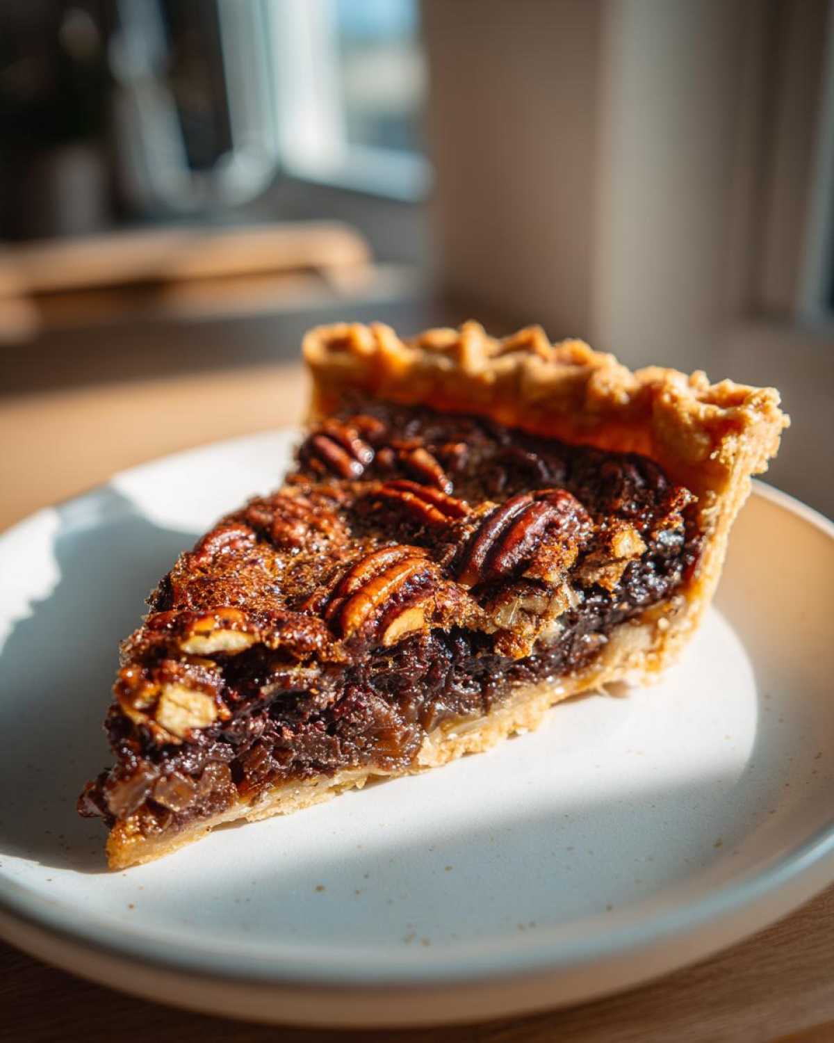 A close-up shot of a slice of decadent chocolate pecan pie, showcasing the flaky crust and rich filling topped with pecans.