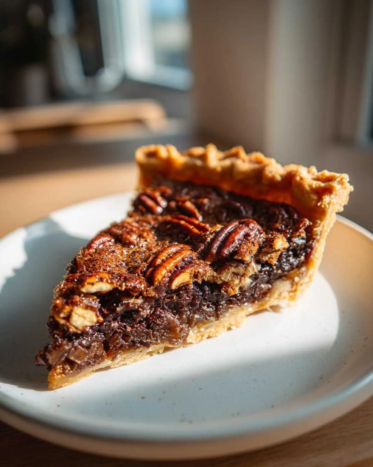A close-up shot of a slice of decadent chocolate pecan pie, showcasing the flaky crust and rich filling topped with pecans.