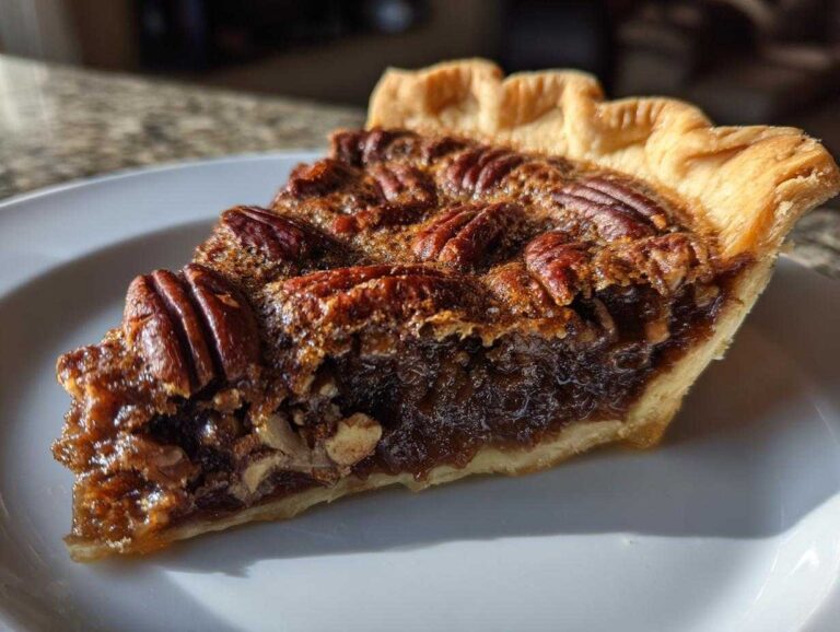 A close-up shot of a slice of decadent chocolate pecan pie on a white plate.