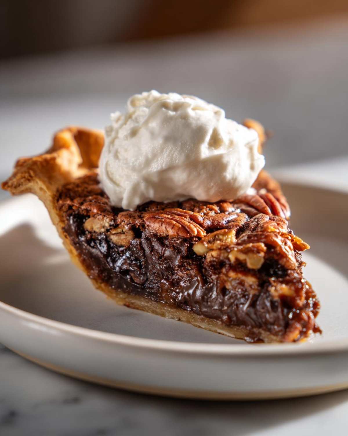 A close-up of a slice of chocolate pecan pie topped with whipped cream.
