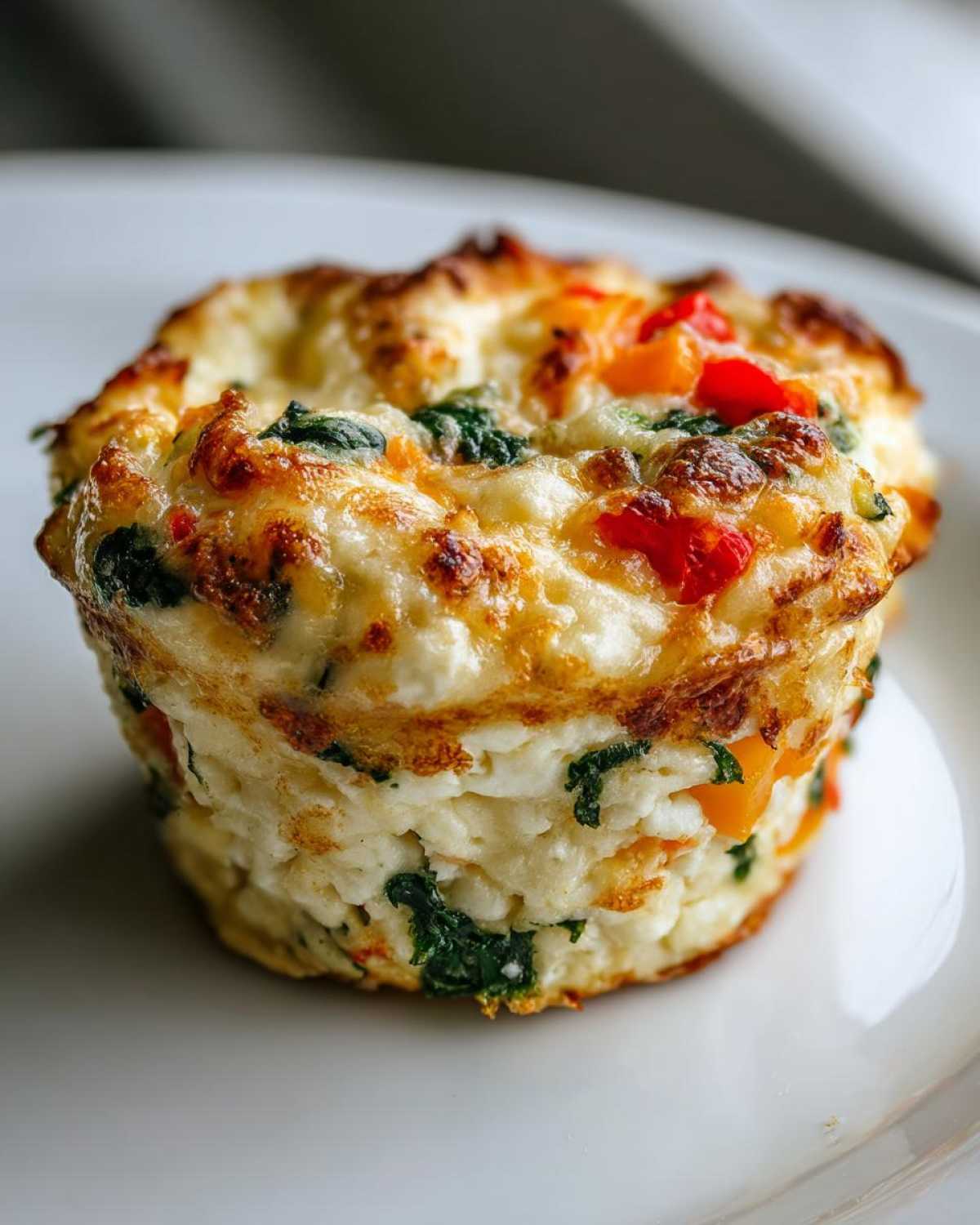 A single cottage cheese egg cup starbucks style, filled with spinach and red peppers, sits on a white plate.