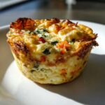 A single cottage cheese egg cup, similar to Starbucks, on a white plate, showing vegetables and a golden-brown crust.