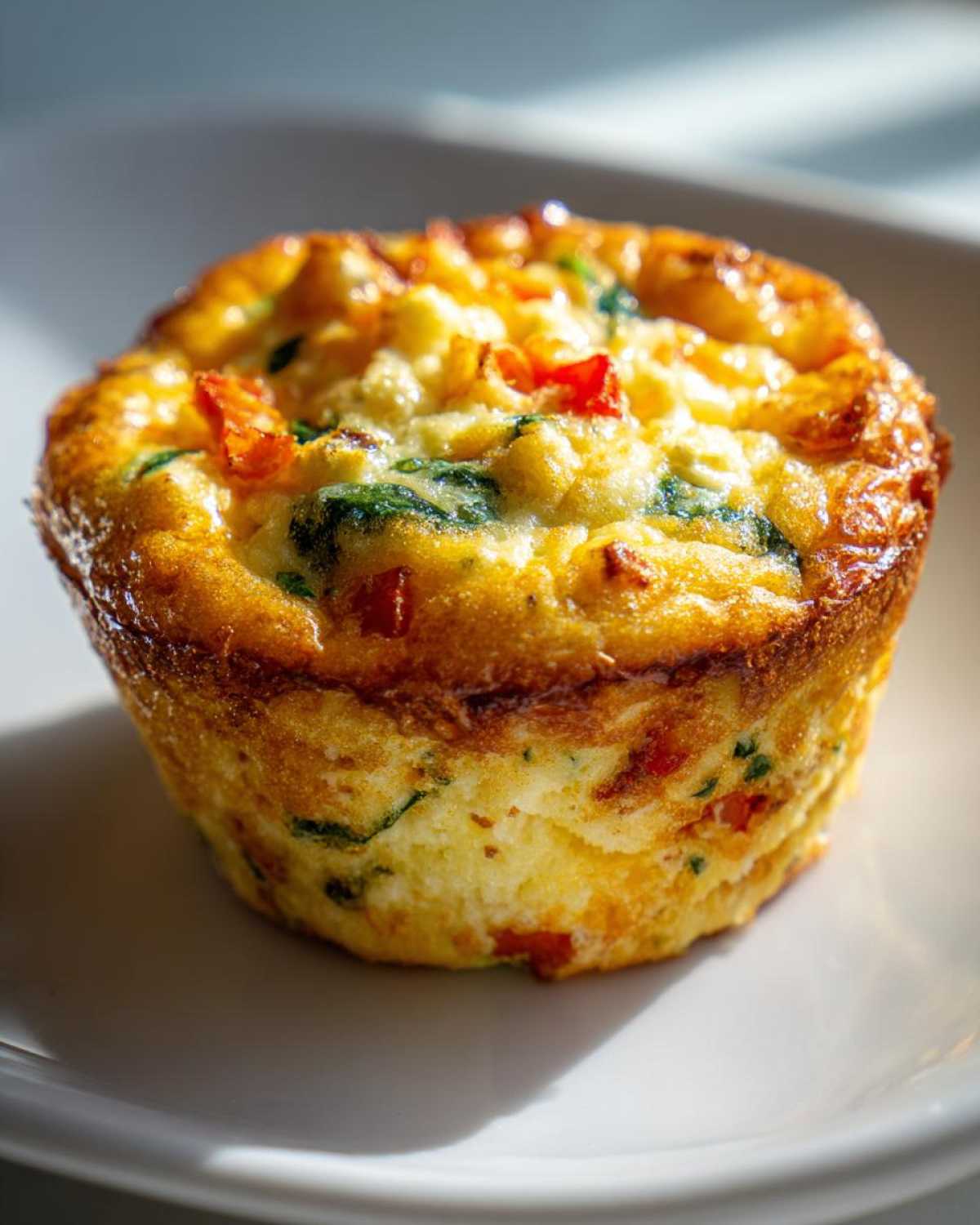 A single cottage cheese egg cup, similar to Starbucks, with spinach and diced red peppers on a white plate.