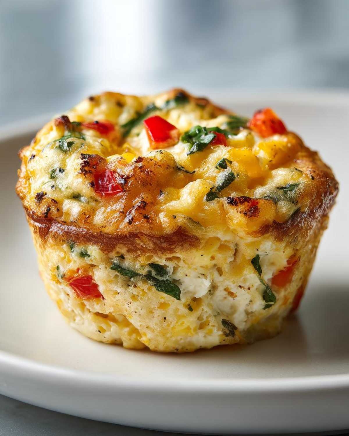 A single cottage cheese egg cup, featuring red peppers and spinach, served on a white plate.
