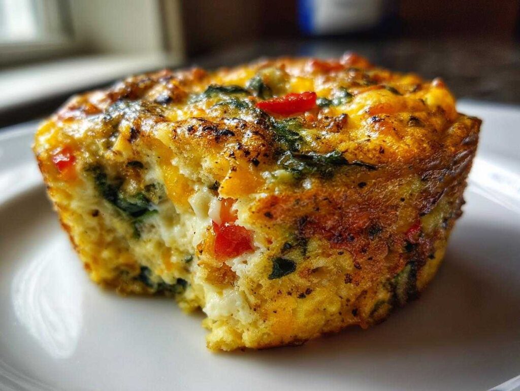 Close-up of a cottage cheese egg cup, featuring spinach and red peppers, with a bite taken out.