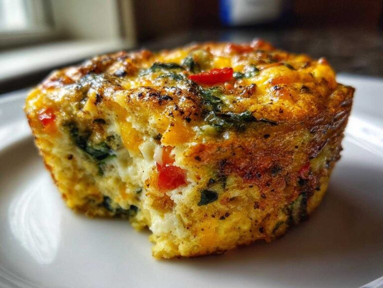 Close-up of a cottage cheese egg cup, featuring spinach and red peppers, with a bite taken out.