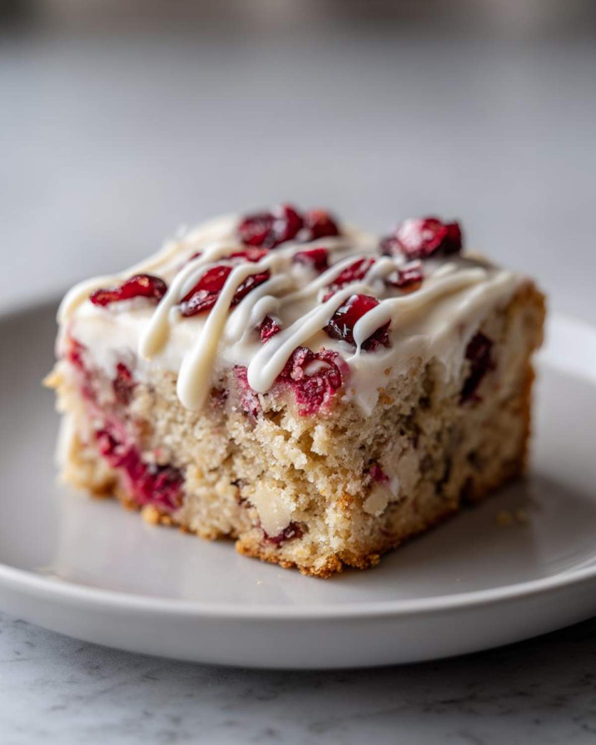 A close-up view of a moist slice of Cranberry Bliss Bar, topped with white icing and dried cranberries.