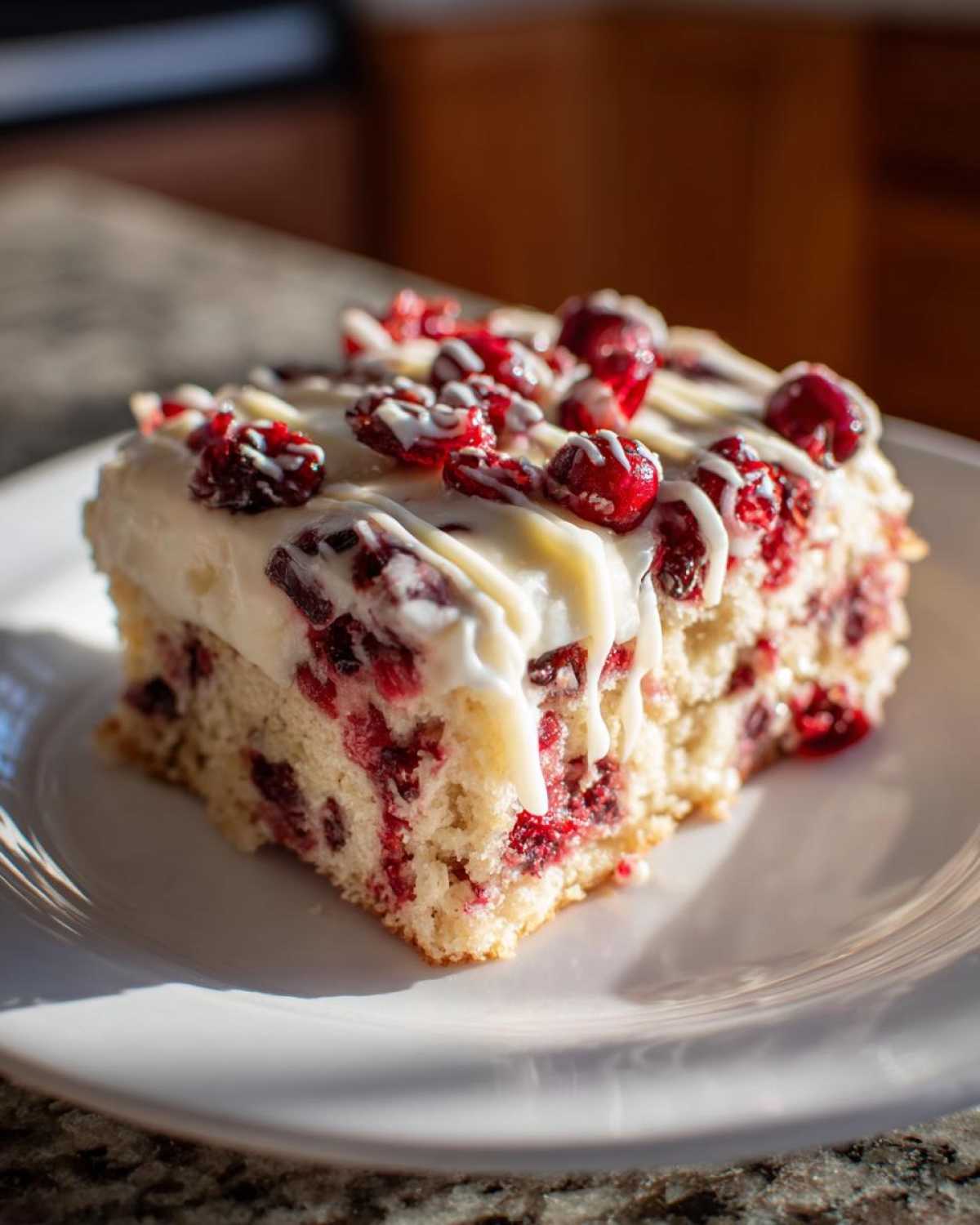 A close-up of a delicious Cranberry Bliss Bar slice on a white plate, topped with white icing and cranberries.